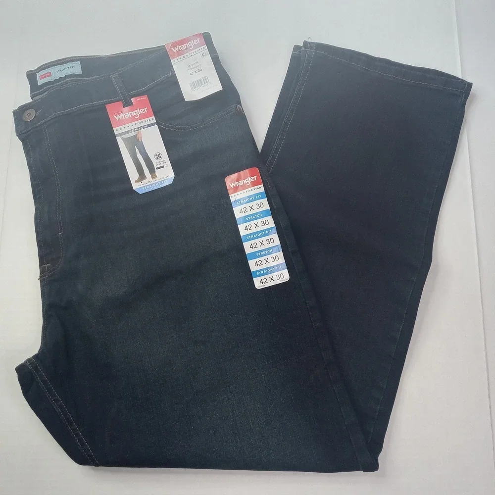Wrangler Premium 5 Star Straight Fit Jeans Men's 42x30 Blue Stretch